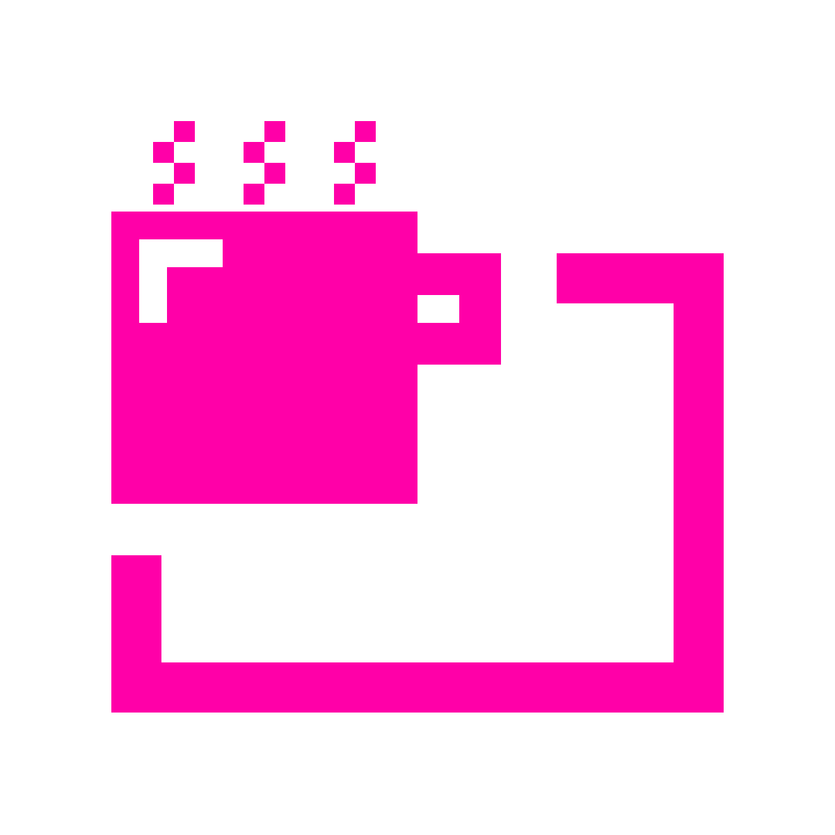 Julie Vera's logo, an 8-bit, bright pink pixelated image of a coffee cup.